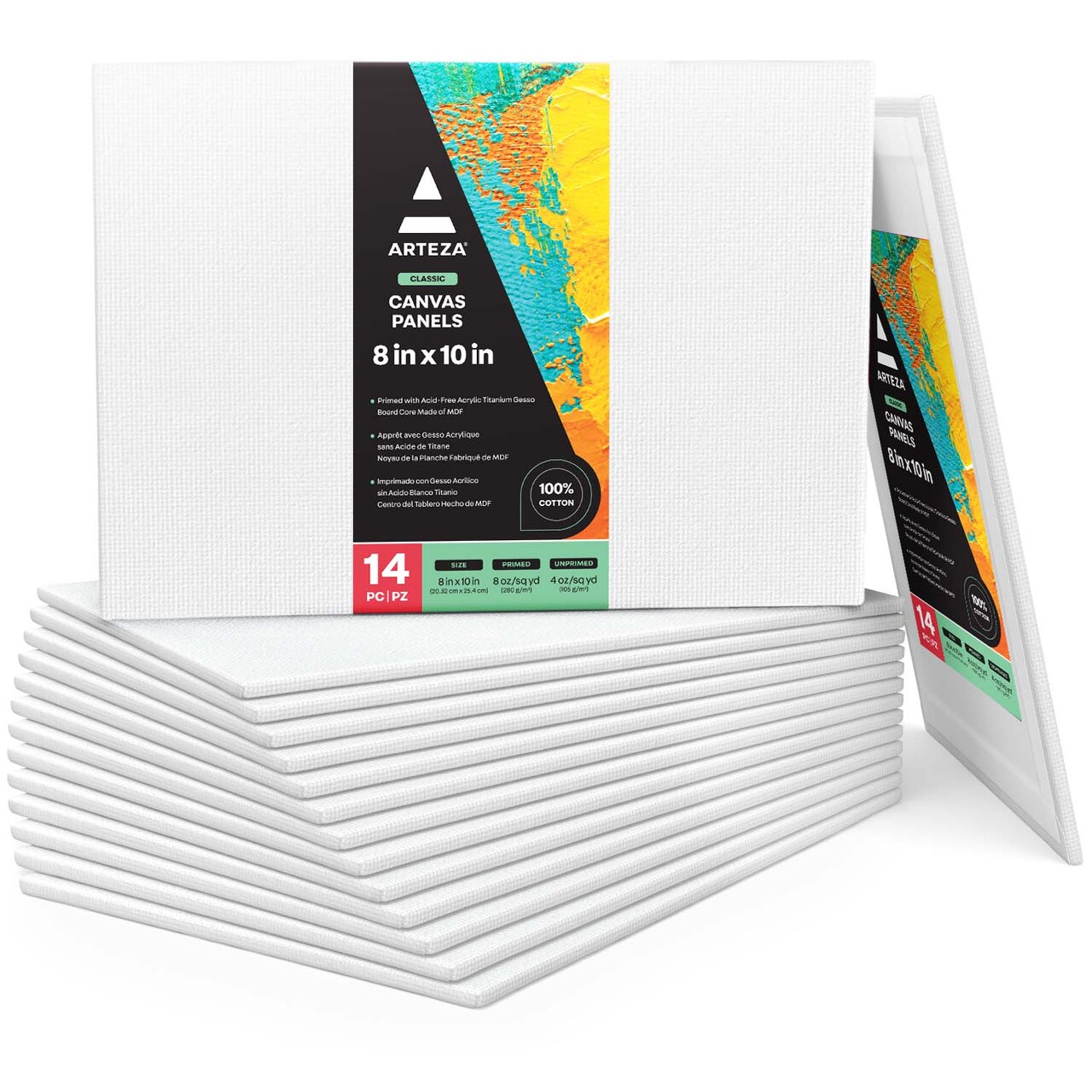 Arteza Canvas Panels, White, 8"x10", Blank Canvas Boards for Painting - 14 Pack